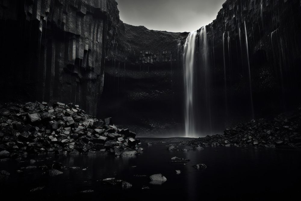 Dark background monochrome waterfall landscape.