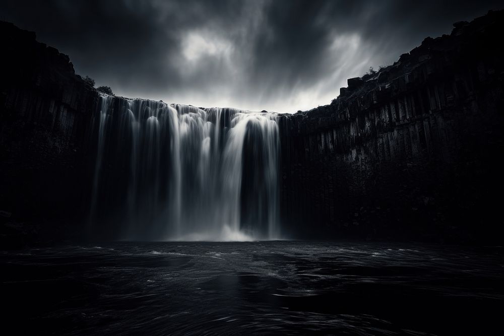 Dark background monochrome waterfall landscape.