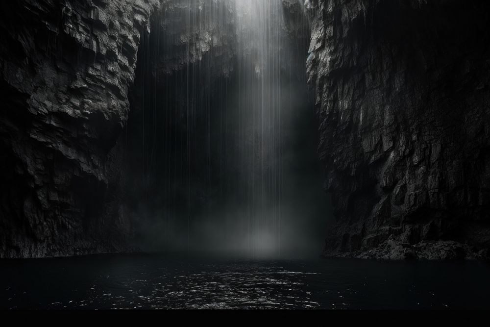 Dark background cave monochrome waterfall.