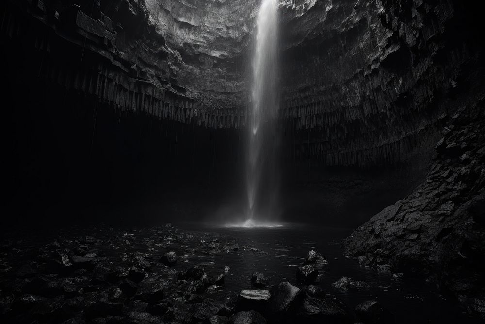 Dark background cave monochrome waterfall.