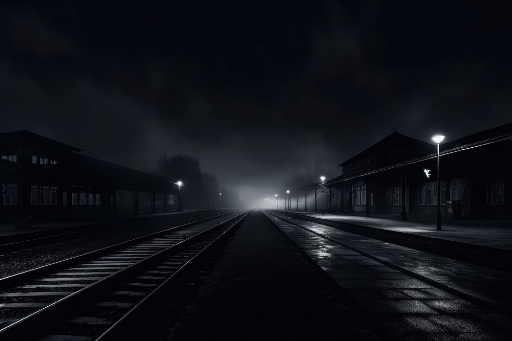 Dark background monochrome outdoors railway.
