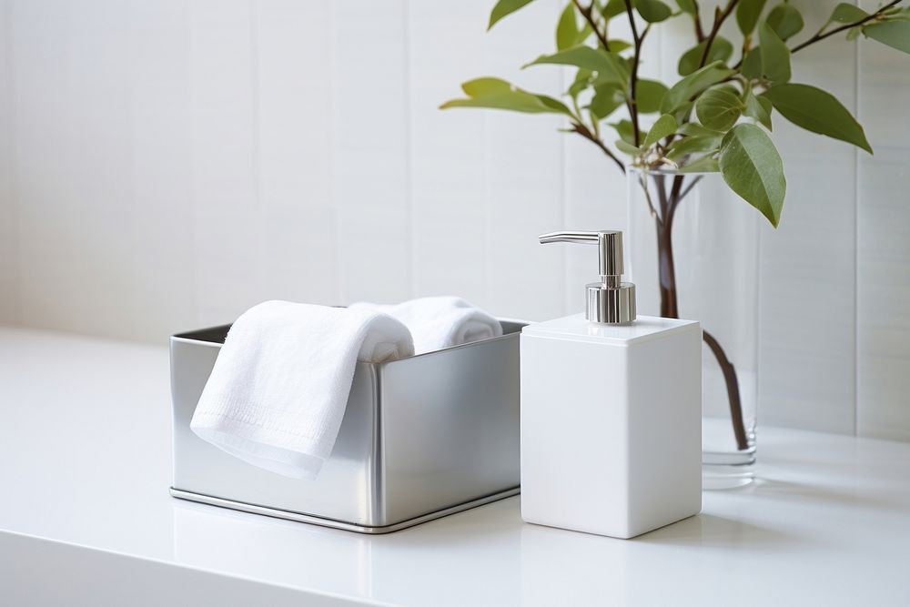 White tissue box with a tin box beside wash basin in bathroom towel plant sink. AI generated Image by rawpixel.