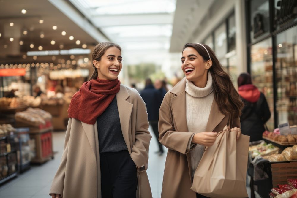 Young adult Iranian women shopping together scarf happy coat.