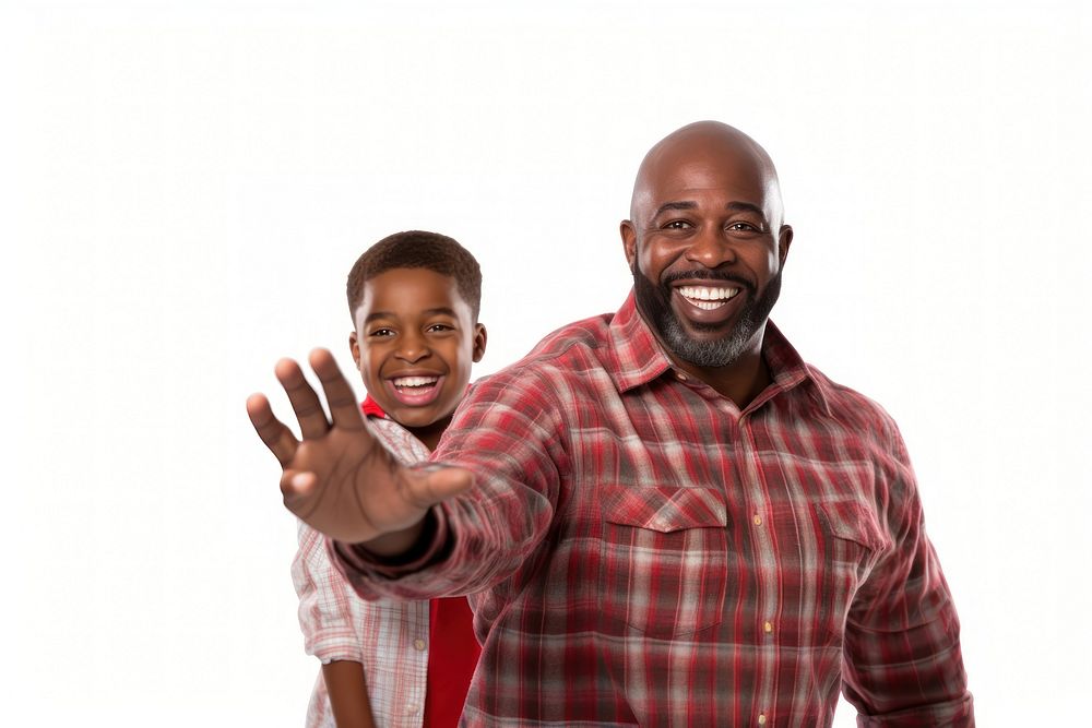 Happy african american father and so adult child white background.