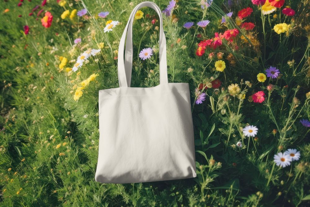 Tote bag in flower field