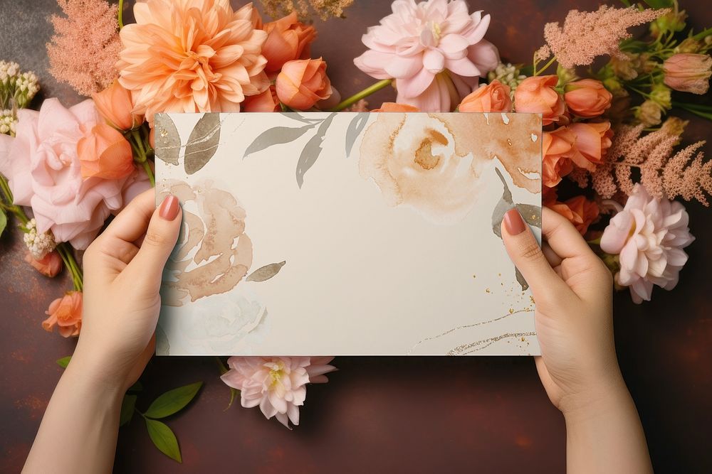 Woman holding floral card