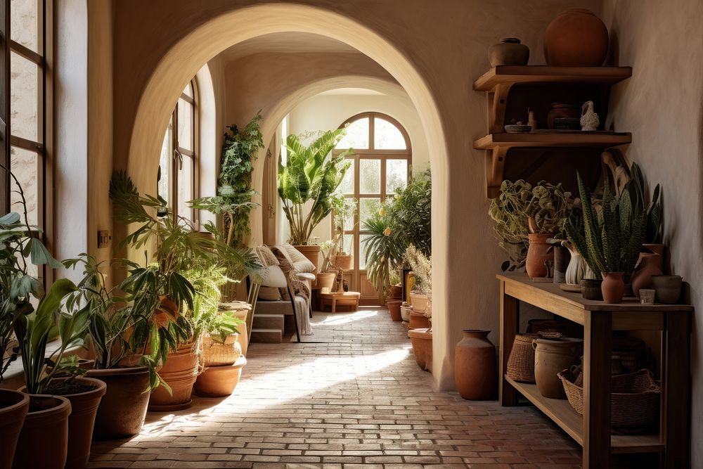 Arched hallway building plant architecture. AI generated Image by rawpixel.