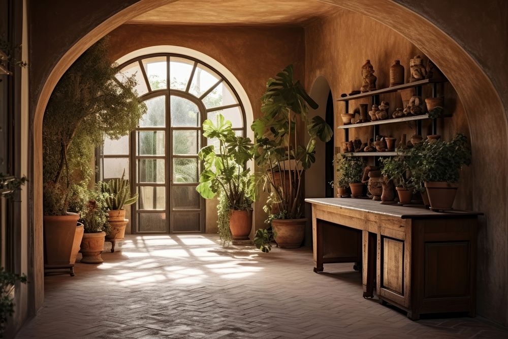 Arched hallway furniture building plant. AI generated Image by rawpixel.
