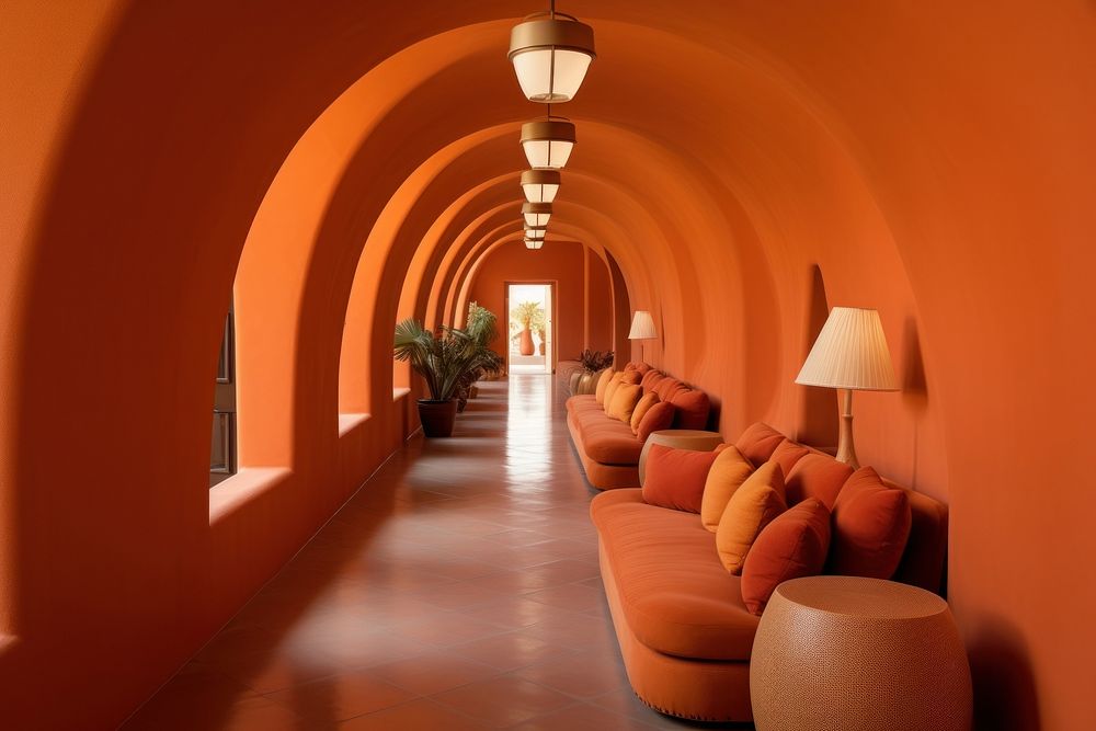 Orange arched hallway architecture furniture building. AI generated Image by rawpixel.