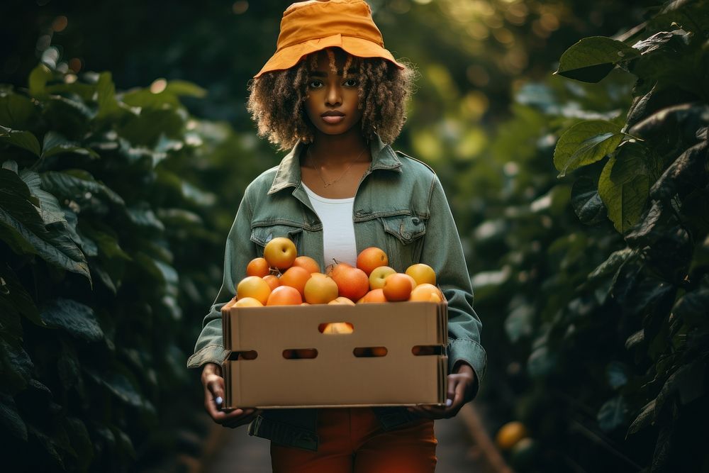 Girl with cardboard box carrying fruit and vegetables outdoors green agriculture.