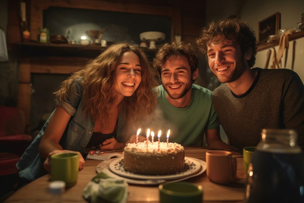 Four friends celebrating a birthday at home portrait dessert adult.