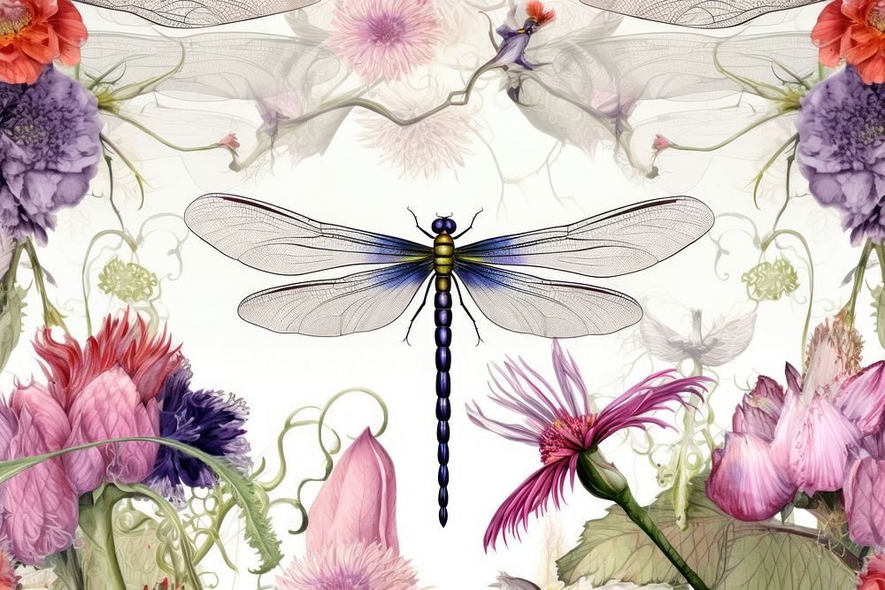 Toile wallpaper Dragonfly dragonfly pattern flower.