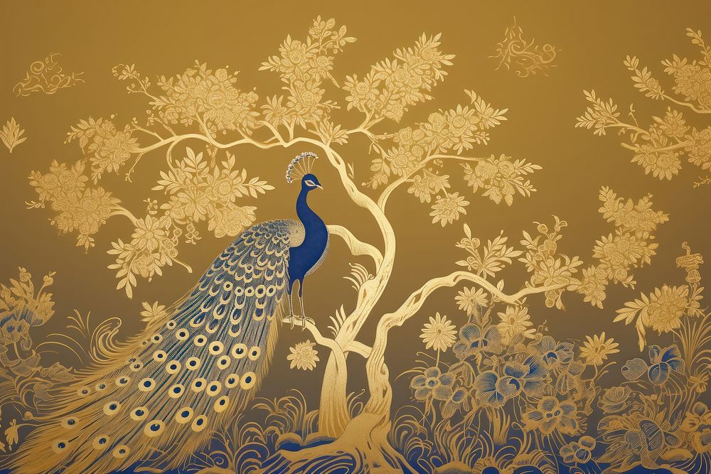 Toile wallpaper peacock gold bird art.