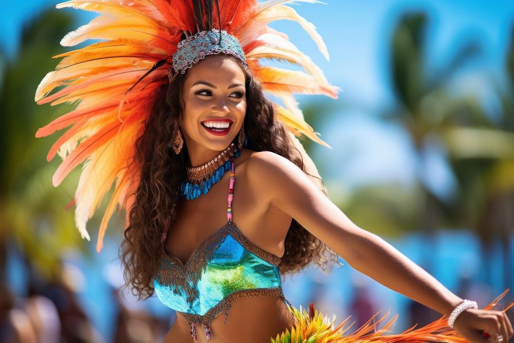 Pacific Island Tahitian female dancer carnival dancing smile.