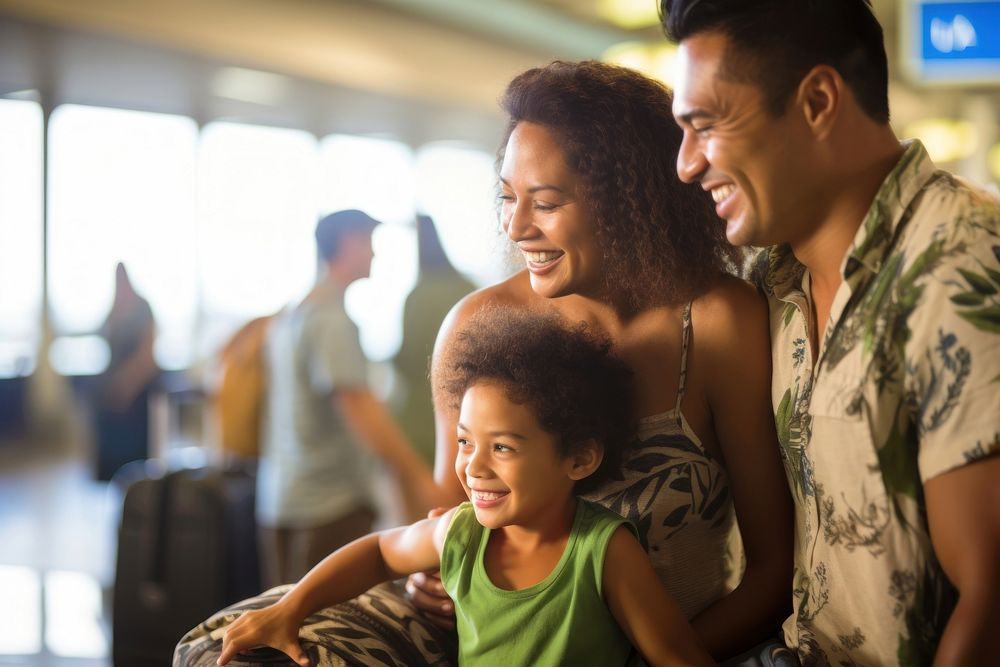 Happy pacific islander couple with child adult togetherness architecture.