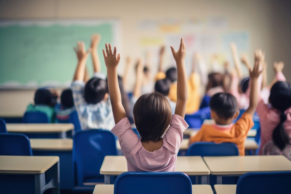 Kid student put hand up to answer teacher classroom child architecture.