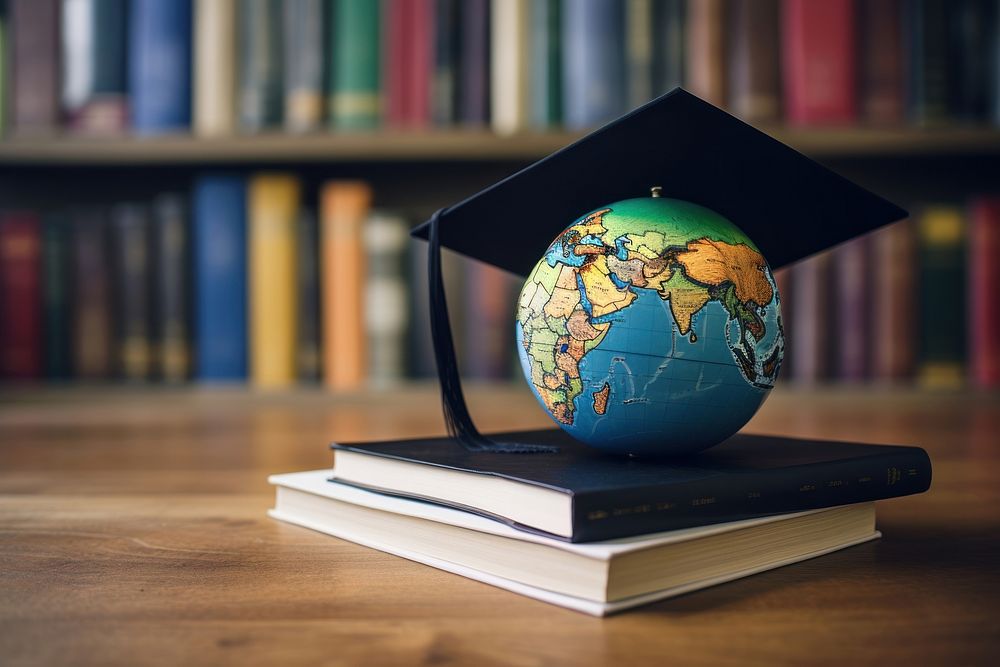 Graduation cap with earth glob globe book publication.
