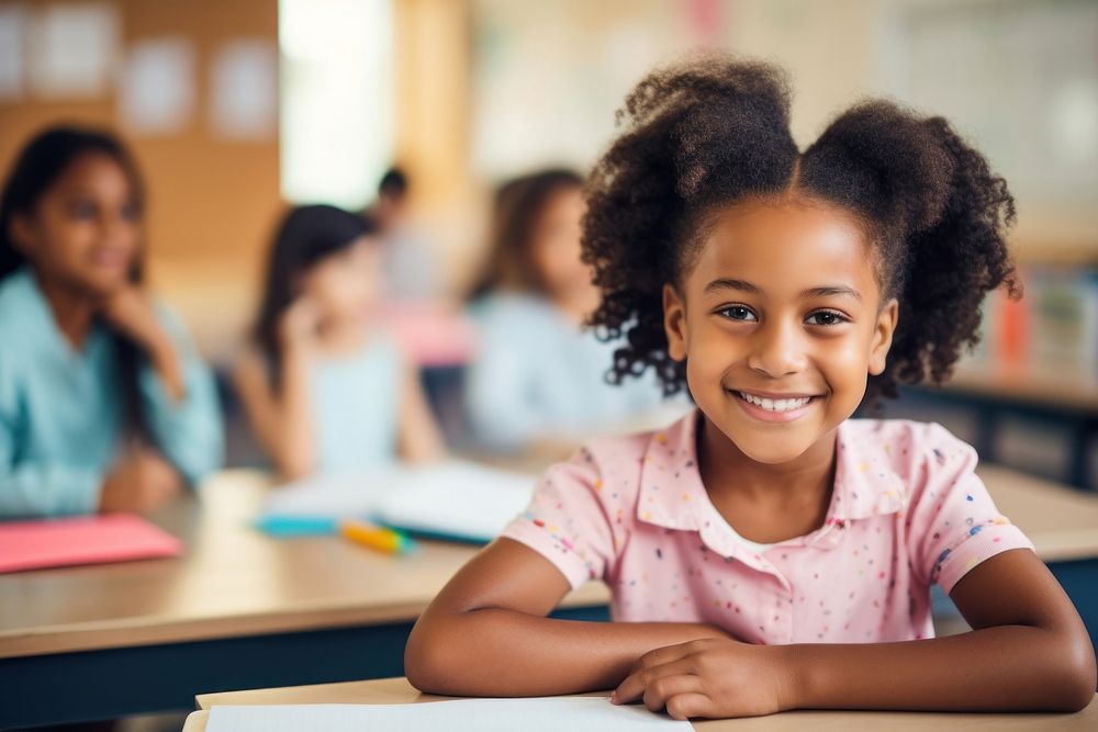 American girl kids sitting in font of laptop classroom student child.