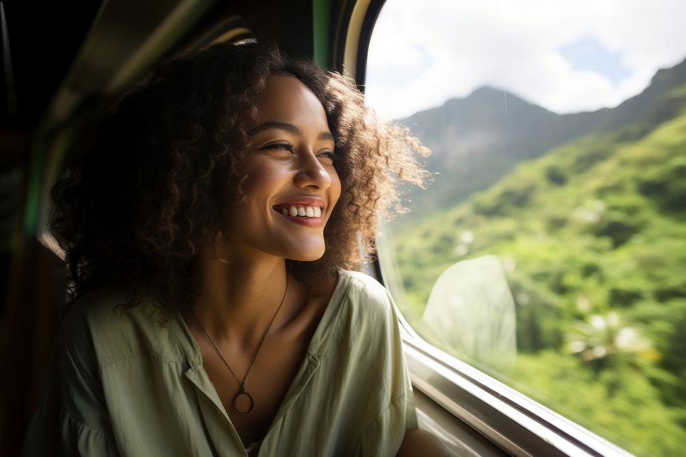 Samoan female smiling travel window.
