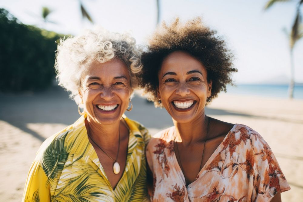 Smily mature Polynesian Pacific islanders portrait laughing beach.