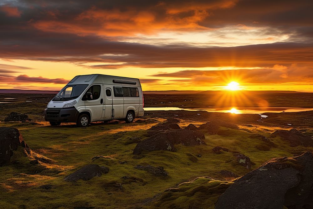 Sunset Scene of Moss cover on volcanic landscape with motor home camping van car of Iceland outdoors vehicle sunset.
