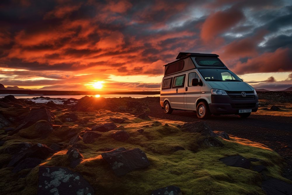 Sunset Scene of Moss cover on volcanic landscape with motor home camping van car of Iceland outdoors vacation vehicle.