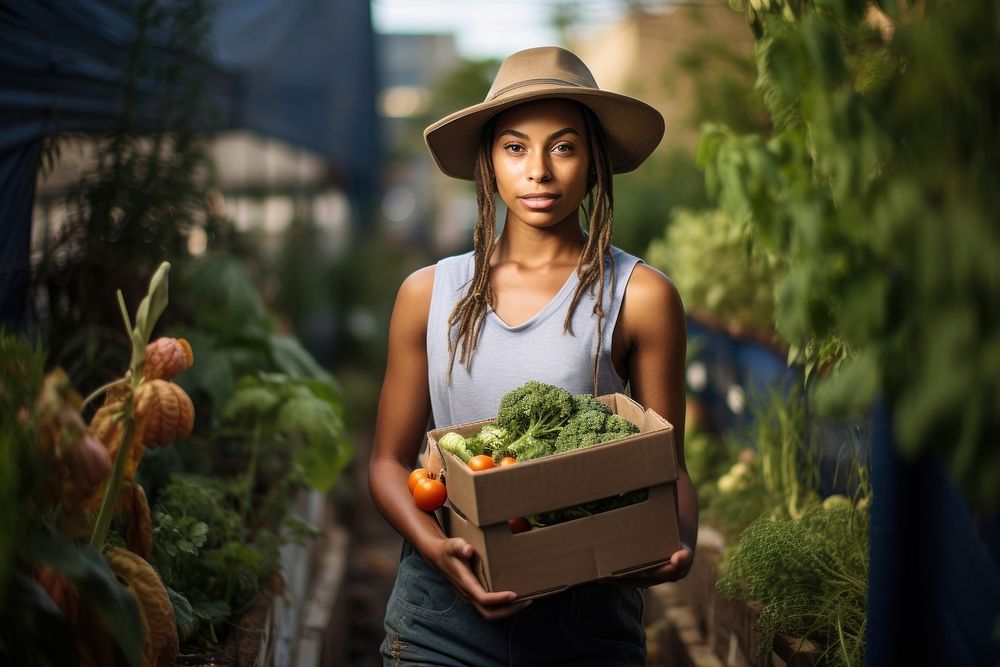 Woman carrying a box with vegetables in a urban community garden agriculture gardening outdoors.
