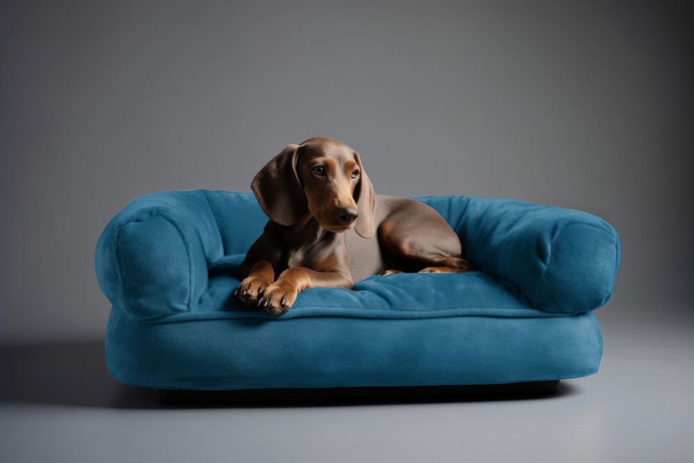 Dachshund on blue dog bed