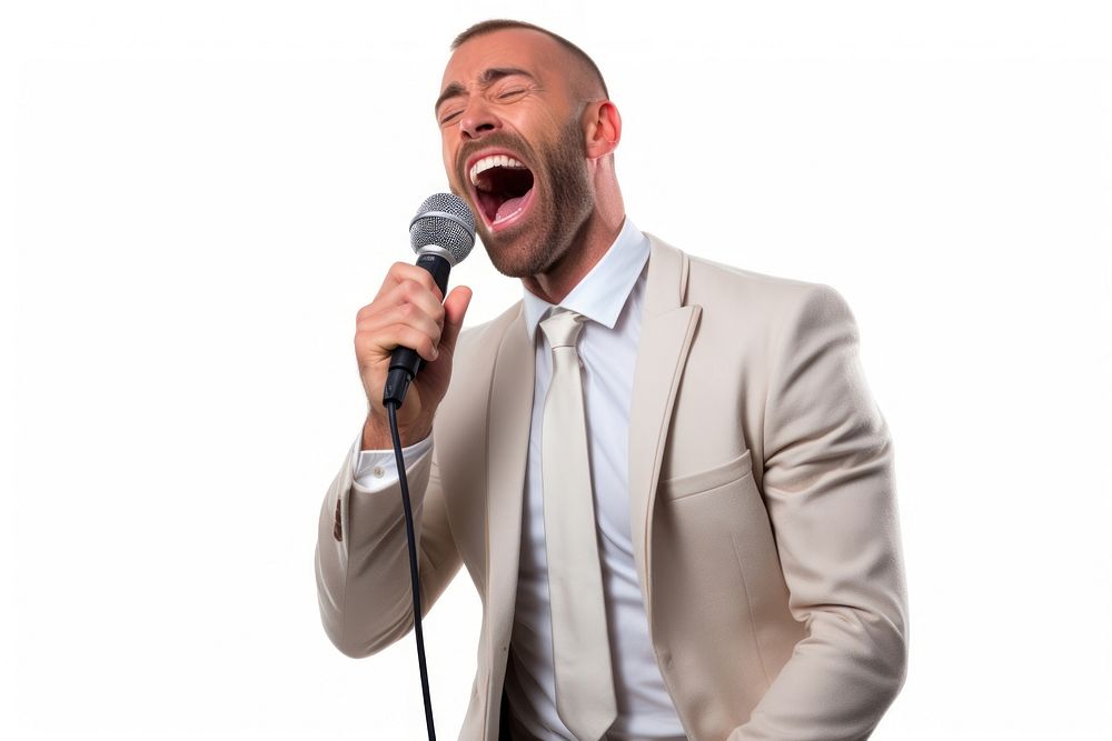Man singing microphone laughing adult.