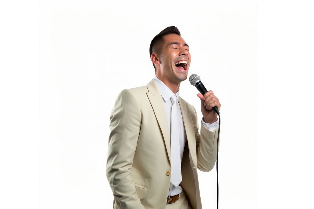 Man singing microphone laughing adult.
