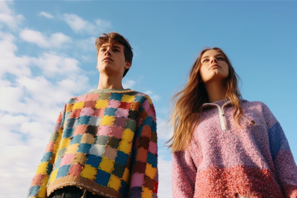 Teenage boy and teenage girl walking down fashion sweater blue. AI generated Image by rawpixel.