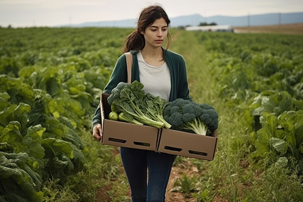 Young woman carrying boxes of fresh vegetables in a field landscape plant adult.