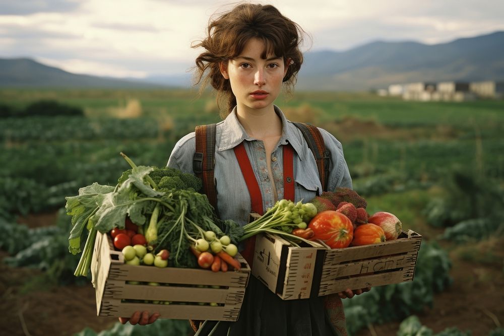 Young woman carrying boxes of fresh vegetables in a field landscape outdoors food.