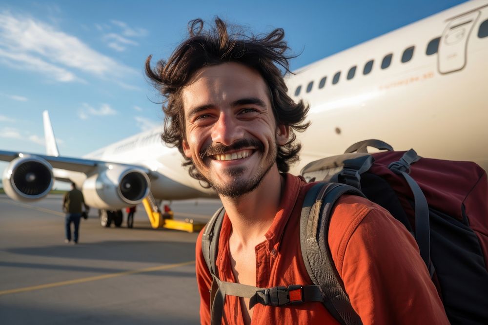 Mexican man backpacker airplane vehicle smiling.