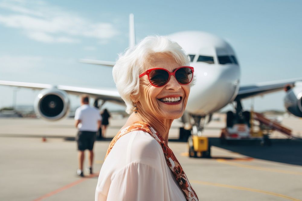 Old women airport photography sunglasses.