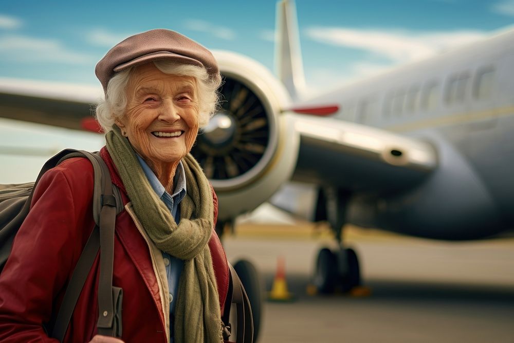 Old women airplane vehicle smiling.