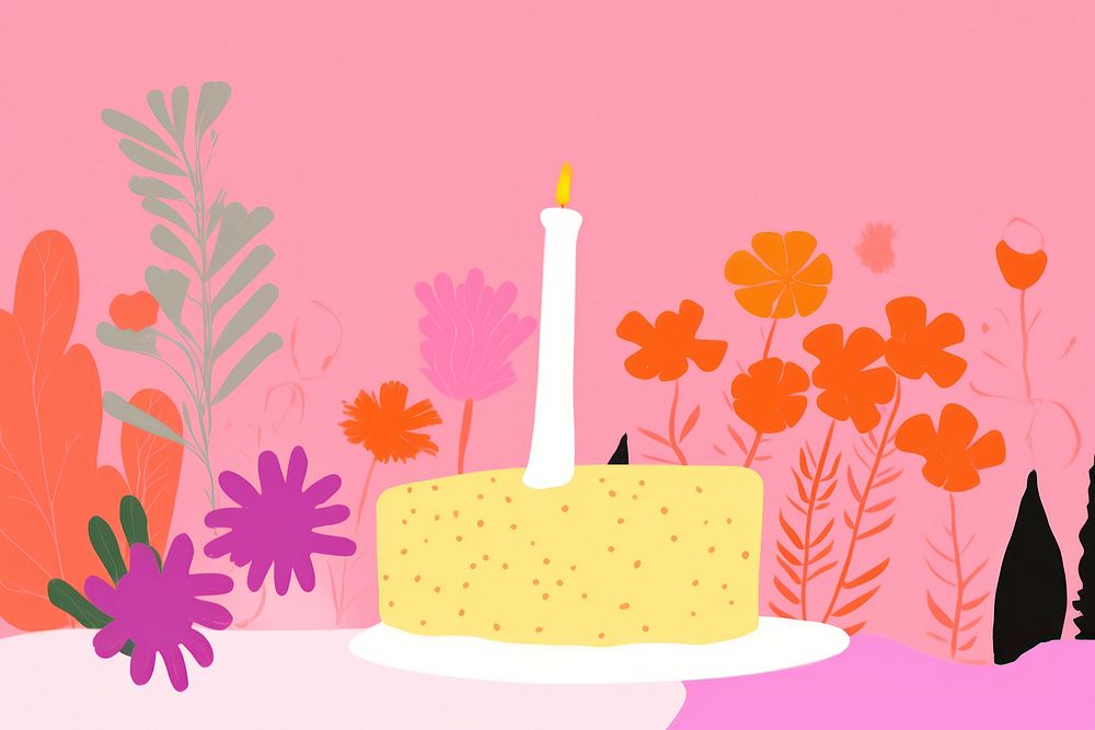 Colorful birthday cake with garden flowers dessert candle plant.
