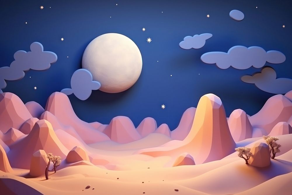 Cute moon landscape fantasy background cartoon nature night.