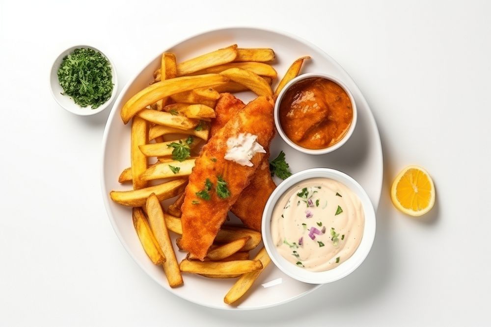 Restaurant fish and chips food plate condiment vegetable.