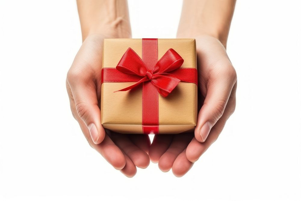 Gift giving hand white background.