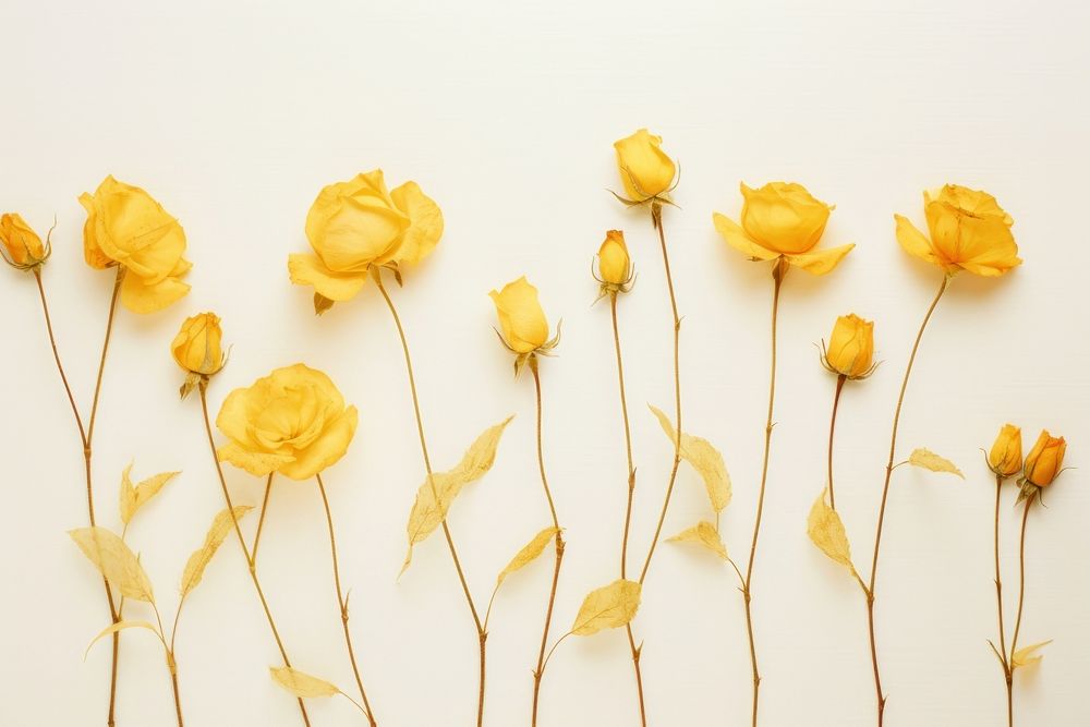 Real pressed yellow rose flowers petal plant copy space.