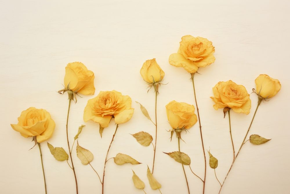 Real pressed yellow rose flowers plant petal inflorescence.