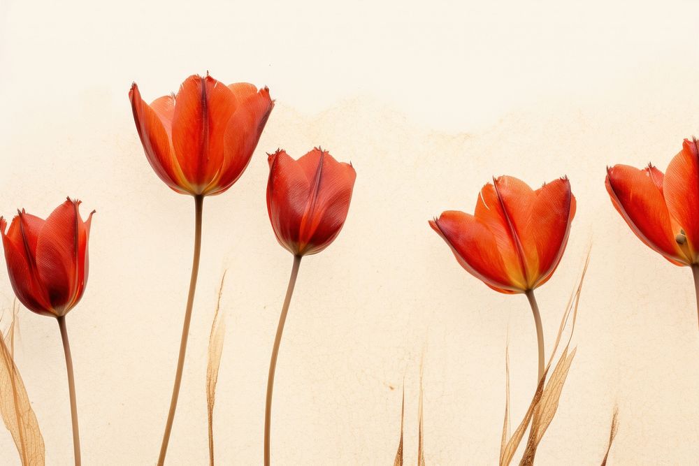 Real pressed red tulip flowers petal plant inflorescence.