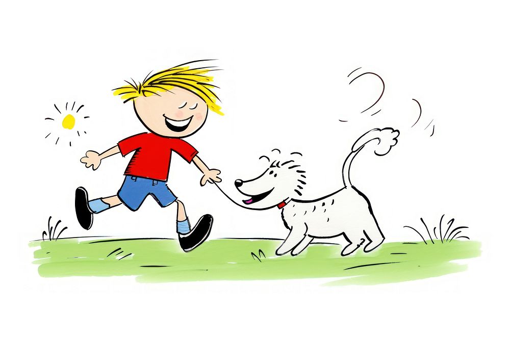 Playing with dog cartoon drawing sketch.