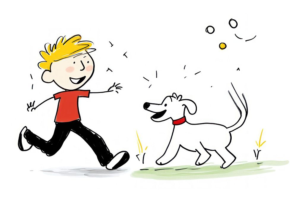 Playing with dog cartoon outdoors drawing.