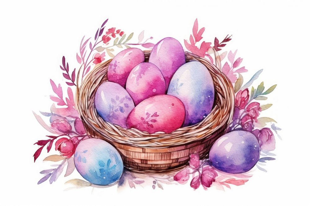 Easter eggs basket plant watercolor painting.