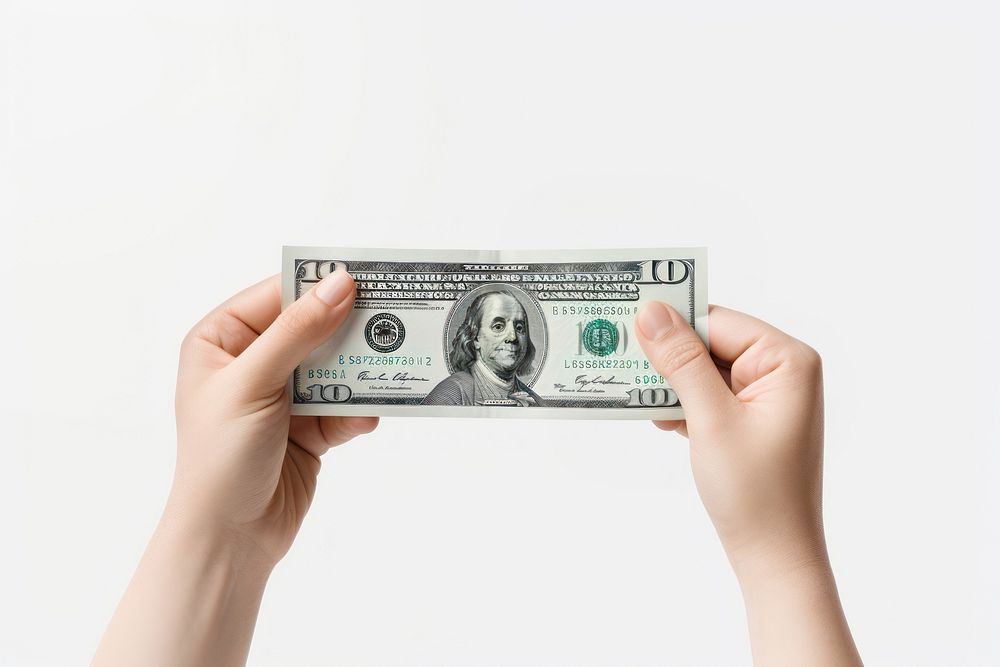 Hand holding money dollar paper white background.