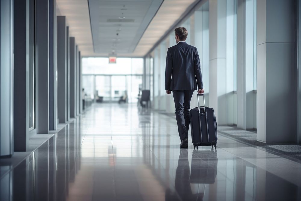 A man in a business suits with luggage pulling suitcase through a hallway walking adult infrastructure.