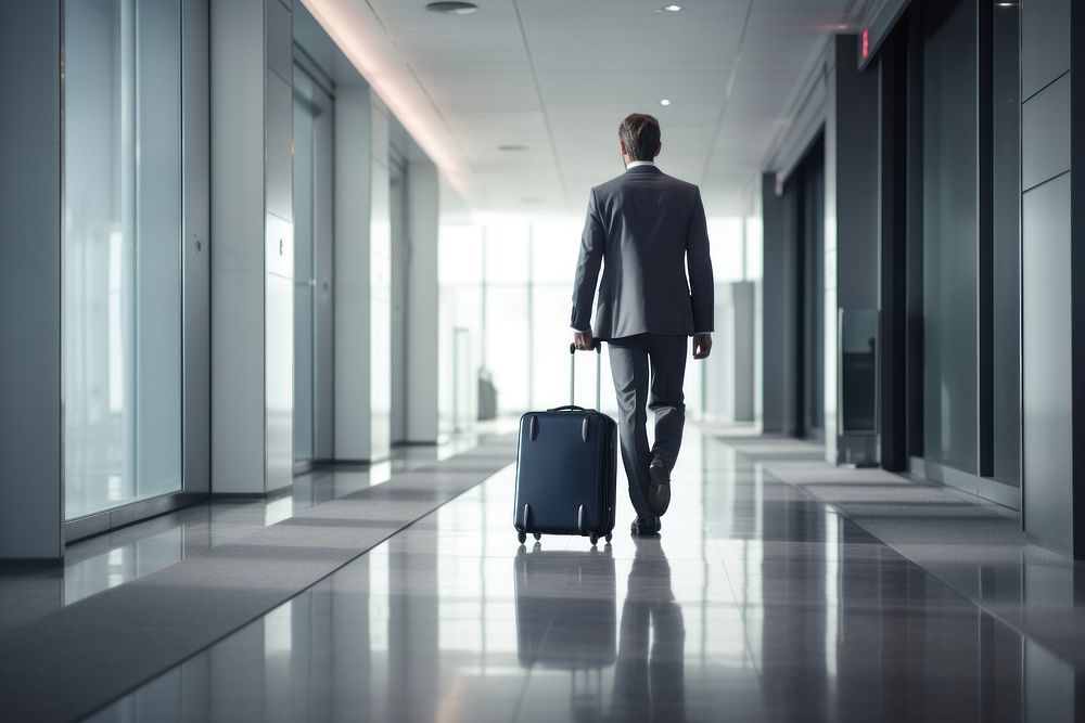 A man in a business suits with luggage pulling suitcase through a hallway walking adult infrastructure.