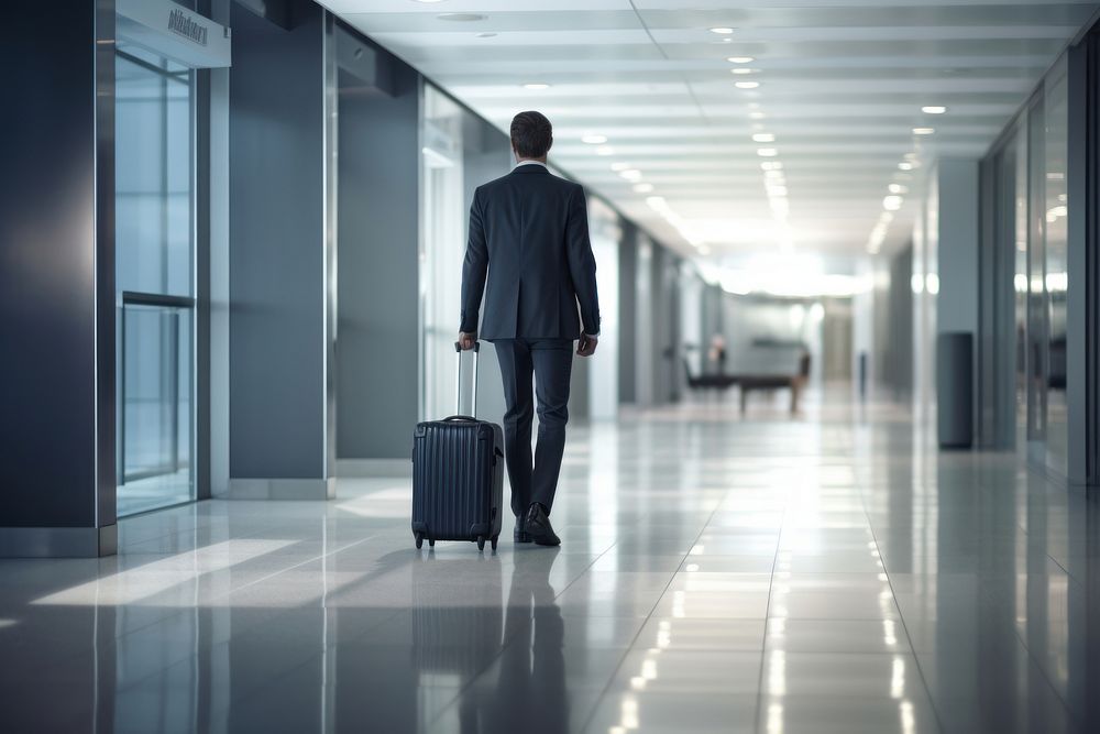 A man in a business suits with luggage pulling suitcase through a hallway adult infrastructure architecture.